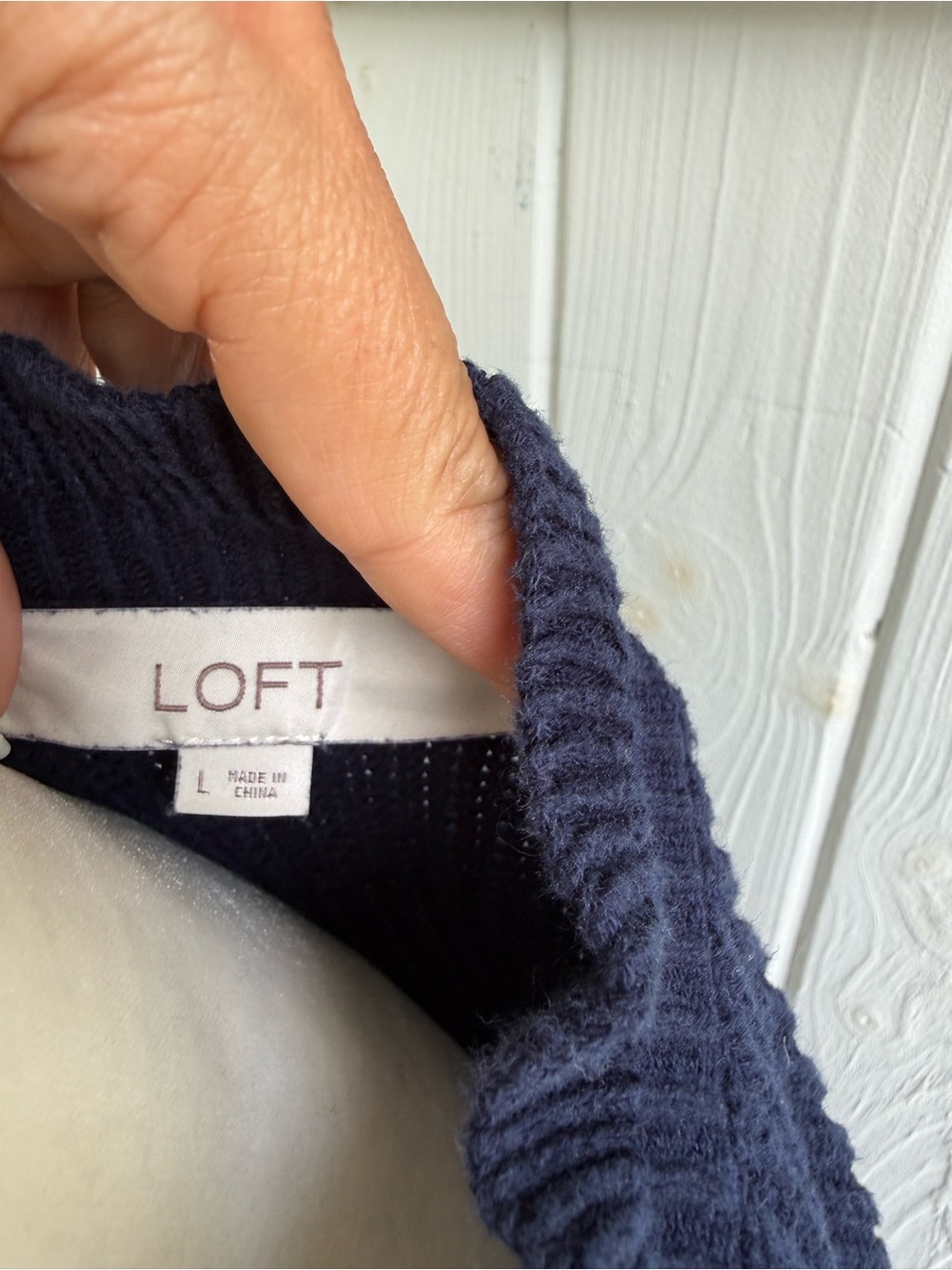 LOFT Navy Ribbed Crew Sweater with Ruffle Neck & Button Detail - Picture 5 of 5